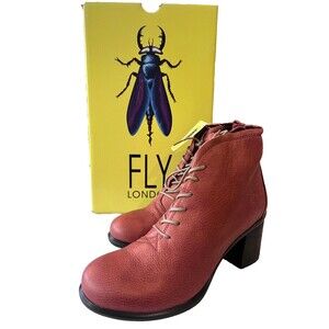 FLY London NEW Size 36 5-5.5 Lace up Bootie Ankle Boots Janeda Red Side Zipper